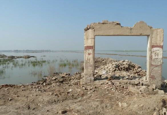 Remains of a school destroyed by flooding, near Jacobabad in Pakistan, highlighting the need for humanitarian aid