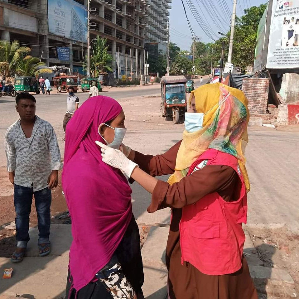 Disinfecting public places, disseminating information and distributing masks to protect vulnerable people in Cox's Bazar, Bangladesh.
